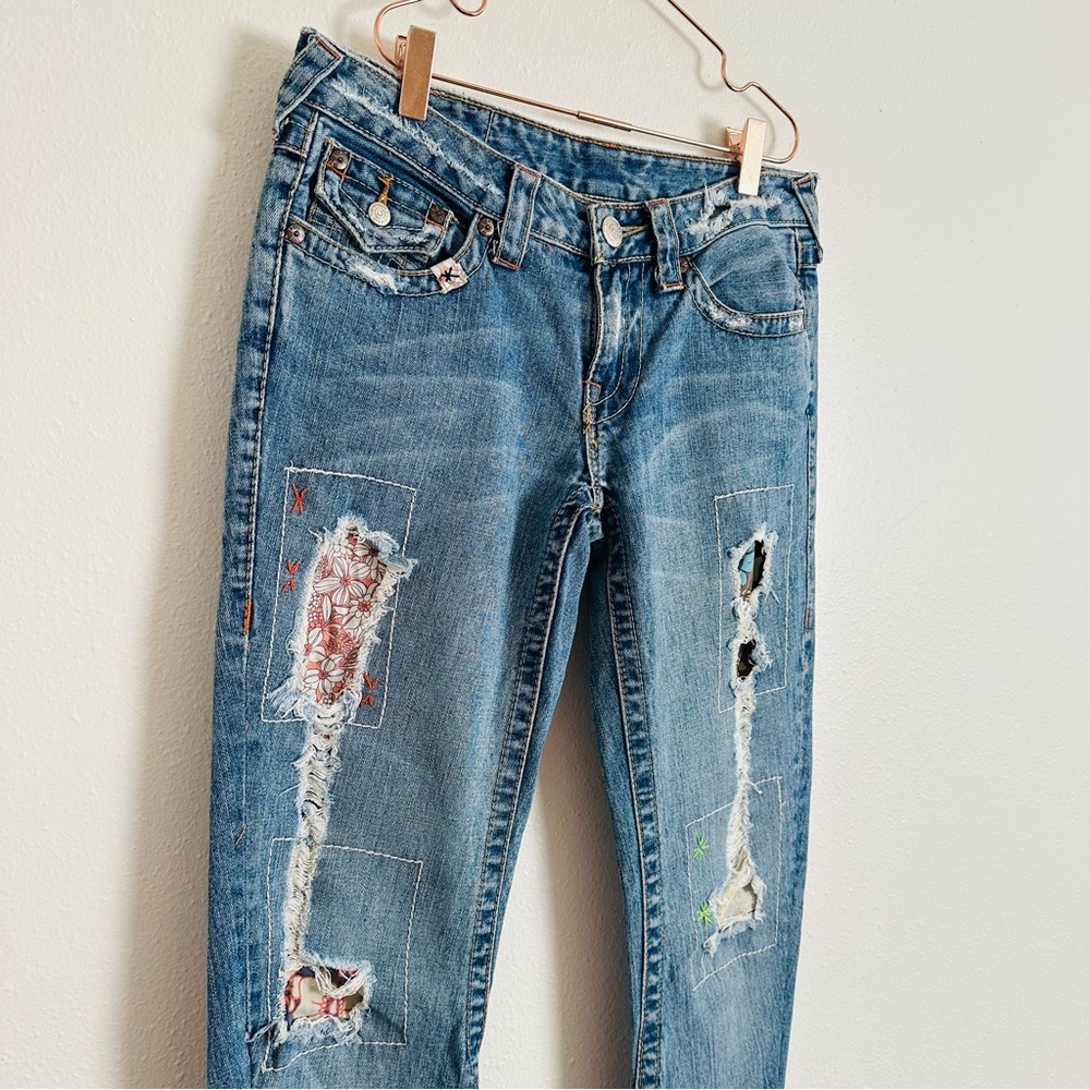 True Religion Low Rise Vintage Boho Patchwork Skinny Distressed Blue Jeans - Picture 9 of 16